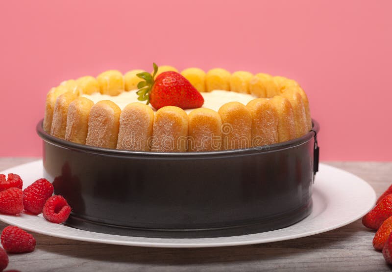 Diplomat cake or Charlotte Cake with strawberries and lady fingers in baking pan on a wooden table with pink background. Diplomat cake or Charlotte Cake with strawberries and lady fingers in baking pan on a wooden table with pink background