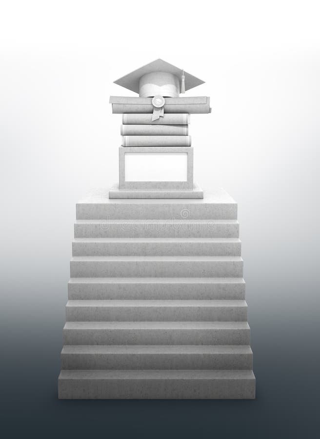 Diplômé de concept, éducation Un escalier menant à un piédestal avec les livres, le diplôme et un chapeau licencié Construction e illustration de vecteur Diplômé de concept, éducation Un escalier menant à un piédestal avec les livres, le diplôme et un chapeau licencié Construction e illustration de vecteur