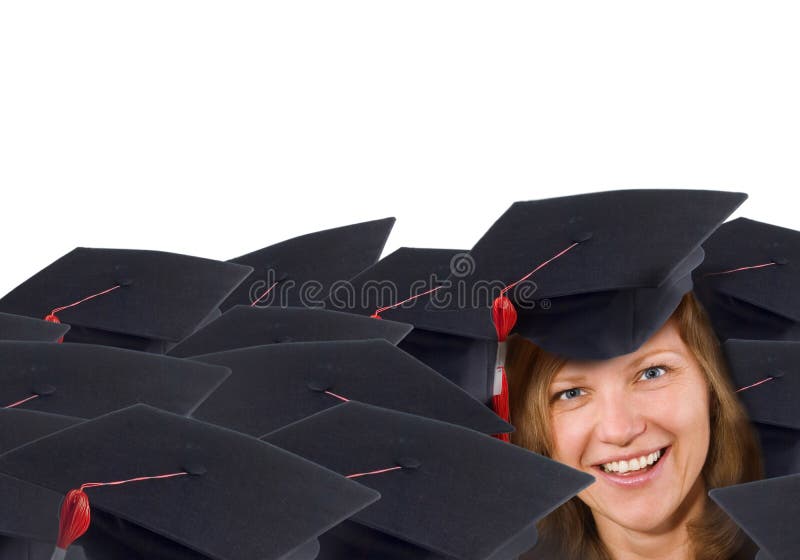 Happy smiling graduate and graduation caps; on white background. Happy smiling graduate and graduation caps; on white background