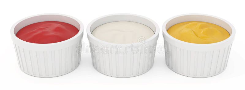 Dipping sauce cups full of ketchup, mayonnaise and mustard isolated on white background. 3D illustration vector illustration
