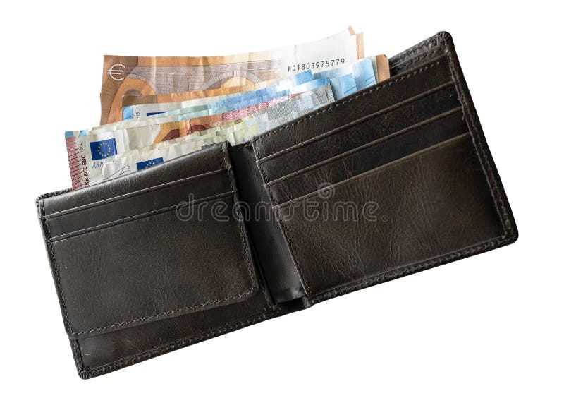 Directamente sobre el tiro del efectivo de la cartera adentro en el fondo blanco foto de archivo Directamente sobre el tiro del efectivo de la cartera adentro en el fondo blanco foto de archivo