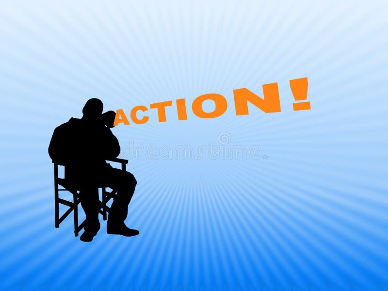 Illustration of a person sitting in a directors chair holding a megaphone and shouting action. Illustration of a person sitting in a directors chair holding a megaphone and shouting action