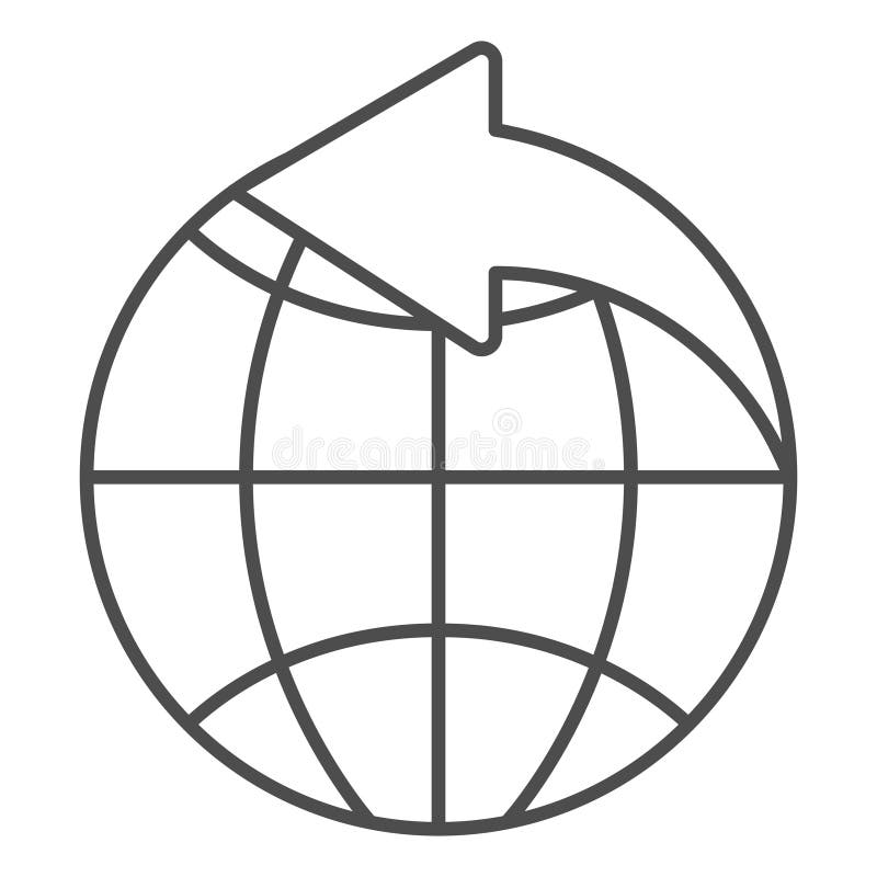 Direction arrow with world globe thin line icon, delivery concept. Vector graphics. Planet and address sign on white royalty free illustration