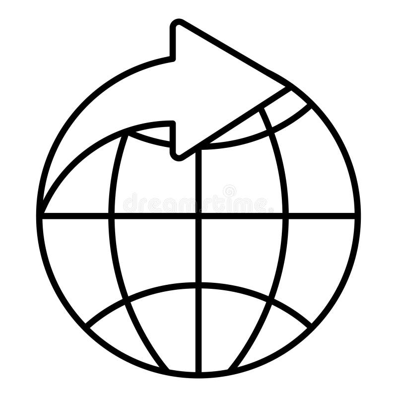 Direction arrow with world globe thin line icon, delivery concept. Vector graphics. Planet and address sign on white stock illustration