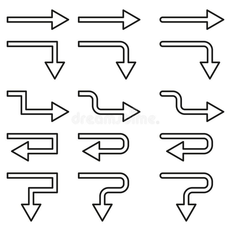Directional arrow icons. Curved turn shapes. Vector pointer set. Minimal route symbol. vector illustration