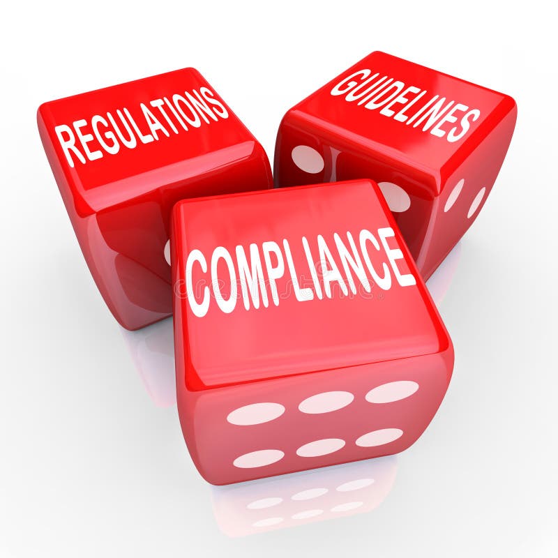 The words Compliance Regulations and Guidelines on three red dice to illustrate the need to follow rules and laws in conducting business. The words Compliance Regulations and Guidelines on three red dice to illustrate the need to follow rules and laws in conducting business