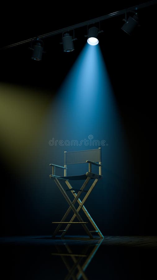 Director Chair in Dark Stage with Colorful Spotlights on it. Stock