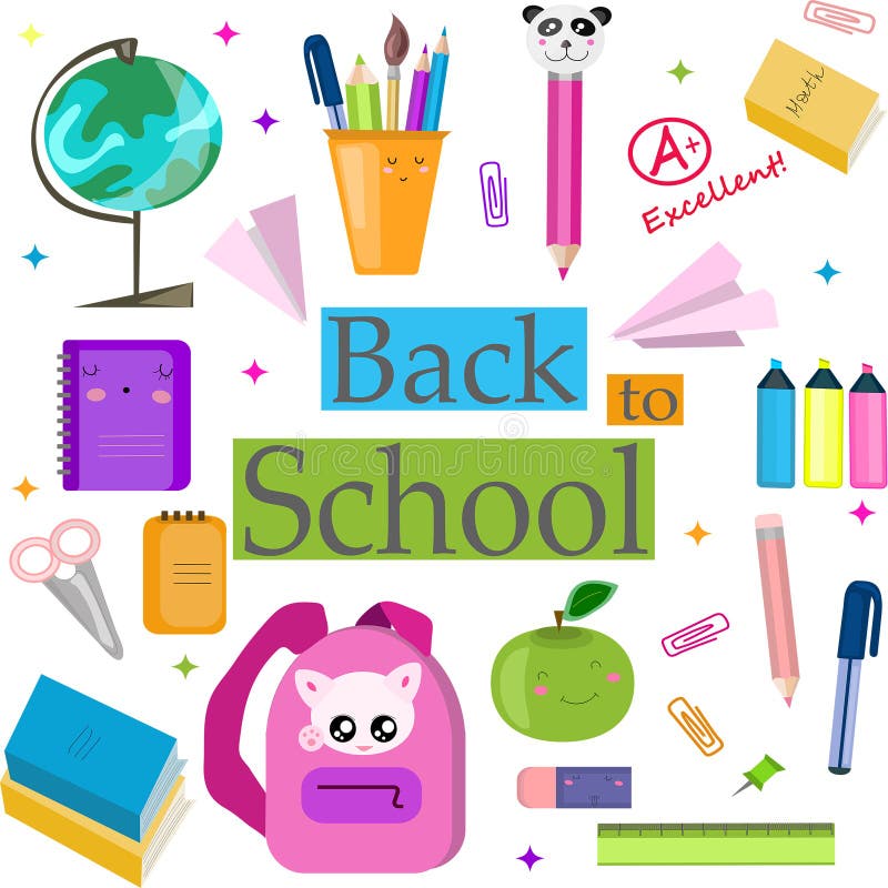 Dirigez l'ensemble, la collection, illustration avec des fournitures scolaires De nouveau ? l'?cole illustration de vecteur Dirigez l'ensemble, la collection, illustration avec des fournitures scolaires De nouveau ? l'?cole illustration de vecteur