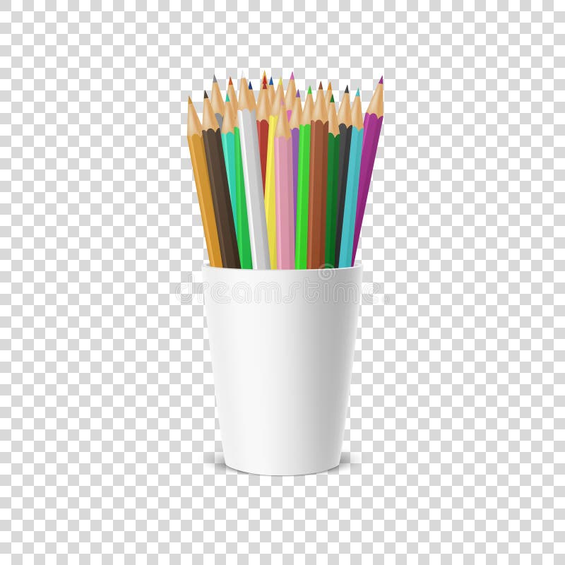 Dirigez l'icône en plastique vide réaliste de tasse-support avec un ensemble de crayons colorés Plan rapproché d'isolement sur la illustration stock Dirigez l'icône en plastique vide réaliste de tasse-support avec un ensemble de crayons colorés Plan rapproché d'isolement sur la illustration stock