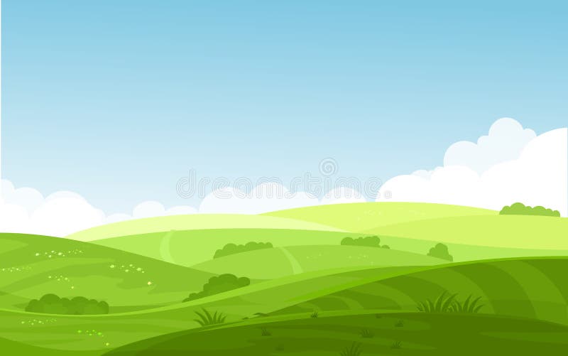 Dirigez l'illustration de beaux champs aménagent en parc avec une aube, collines vertes, le ciel bleu de couleur lumineuse, fond illustration de vecteur