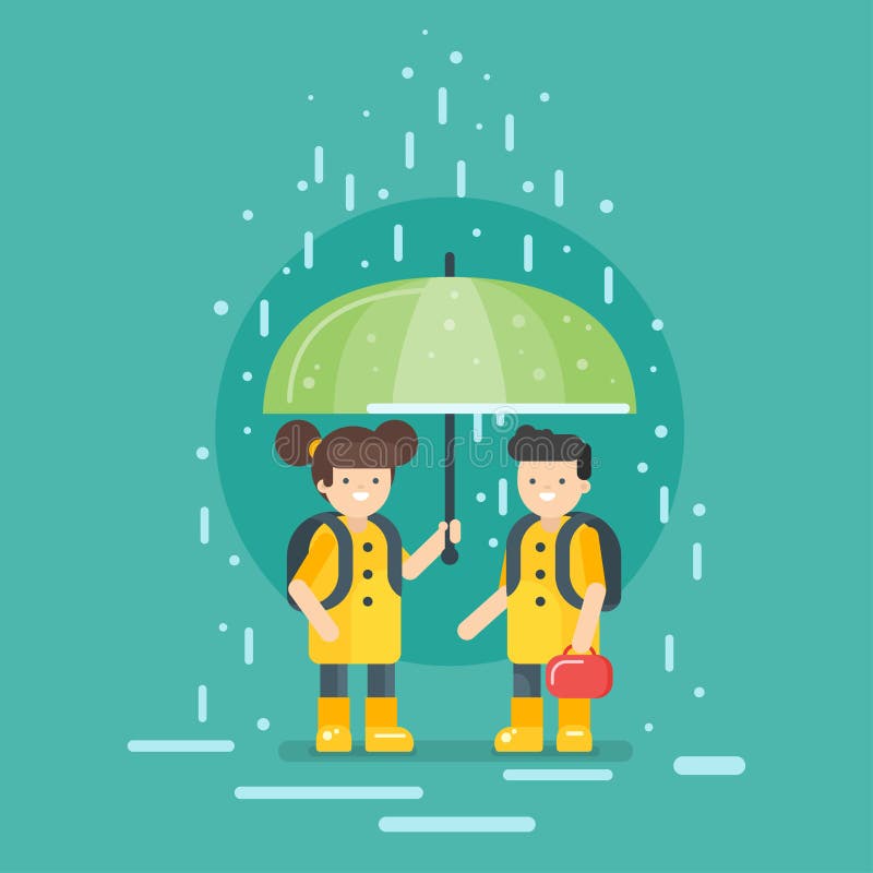 Dirigez l'illustration des enfants de sourire allant à l'école sous la pluie illustration stock Dirigez l'illustration des enfants de sourire allant à l'école sous la pluie illustration stock