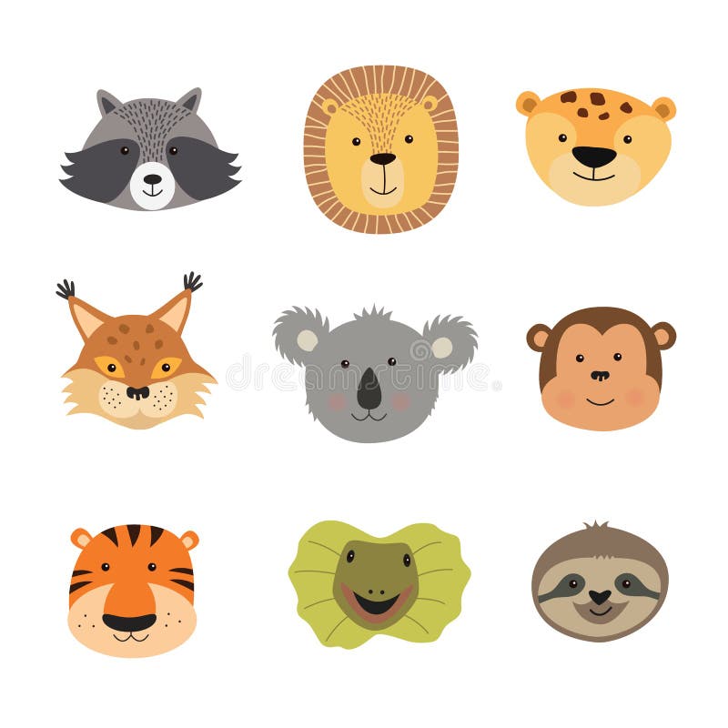 Dirigez l'illustration des visages animaux comprenant le tigre, lion, Jaguar, lézard, paresse, singe, koala, lynx, raton laveur illustration libre de droits Dirigez l'illustration des visages animaux comprenant le tigre, lion, Jaguar, lézard, paresse, singe, koala, lynx, raton laveur illustration libre de droits