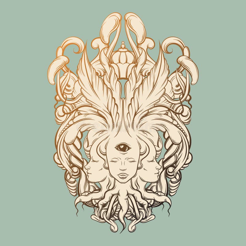 Dirigez l'illustration du diseur de bonne aventure avec trois têtes, yeux, cadre baroque floral illustration libre de droits Dirigez l'illustration du diseur de bonne aventure avec trois têtes, yeux, cadre baroque floral illustration libre de droits