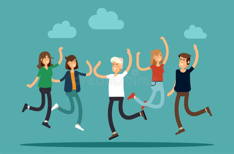 Dirigez l'illustration du jeune groupe de personnes heureux sautant sur un fond blanc Le concept de l'amitié, émotions illustration libre de droits Dirigez l'illustration du jeune groupe de personnes heureux sautant sur un fond blanc Le concept de l'amitié, émotions illustration libre de droits
