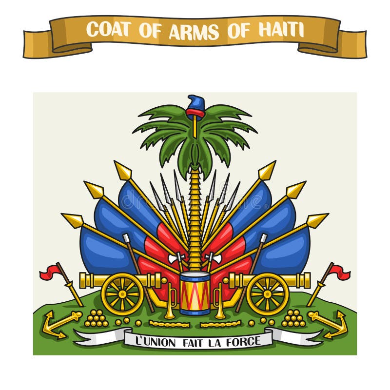 Vector illustration on theme Haitian Coat of Arms, heraldic shield on national state flags - Emblem of Haiti, on ribbon title text: coat of arms of haiti, haitian official heraldry, symbolic emblem. Vector illustration on theme Haitian Coat of Arms, heraldic shield on national state flags - Emblem of Haiti, on ribbon title text: coat of arms of haiti, haitian official heraldry, symbolic emblem.