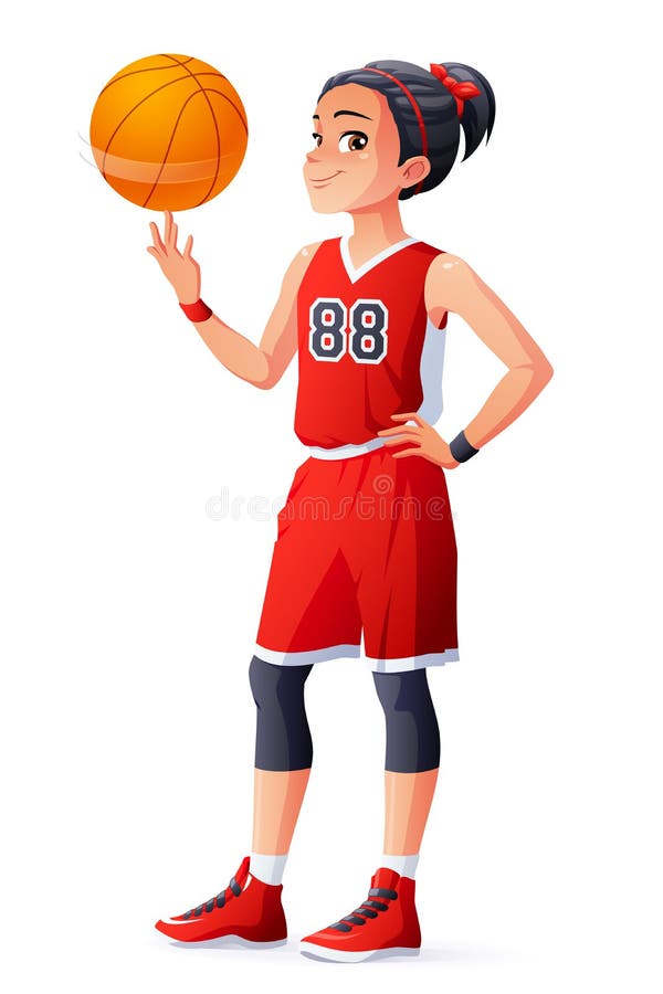 Dirigez la boule de rotation de jeune fille asiatique de joueur de basket sur le doigt illustration stock Dirigez la boule de rotation de jeune fille asiatique de joueur de basket sur le doigt illustration stock