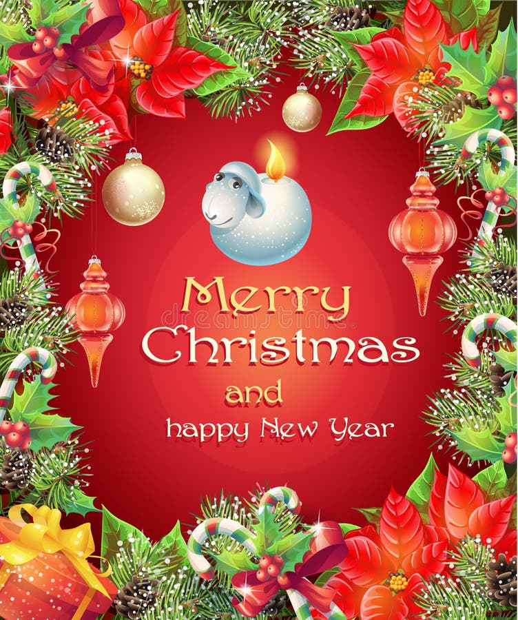Dirigez la carte de voeux avec l'arbre de Noël et de nouvelle année avec des branches, des cônes de pin et des jouets illustration libre de droits Dirigez la carte de voeux avec l'arbre de Noël et de nouvelle année avec des branches, des cônes de pin et des jouets illustration libre de droits