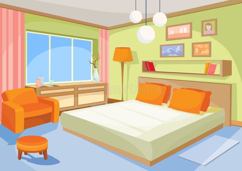 Dirigez la chambre à coucher orange-bleue intérieure d'illustration de bande dessinée, un salon avec un lit, chaise molle