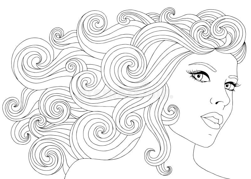 dirigez la femme tiree par main d illustration avec les cheveux floraux de vagues pour livre coloriage adulte croquis a mai vecteur du noir enroulement 83506092 arbre