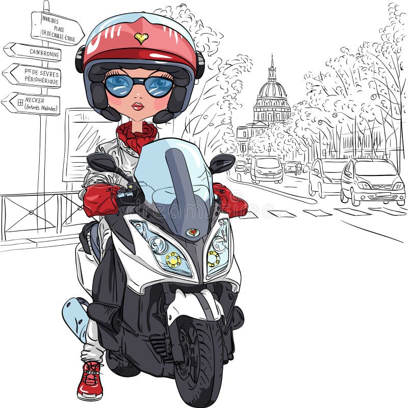 Dirigez la fille mignonne sur un scooter à Paris