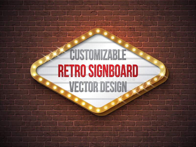 Dirigez la rétro illustration d'enseigne ou de lightbox avec la conception personnalisable sur le fond de mur de briques Bannière illustration stock Dirigez la rétro illustration d'enseigne ou de lightbox avec la conception personnalisable sur le fond de mur de briques Bannière illustration stock