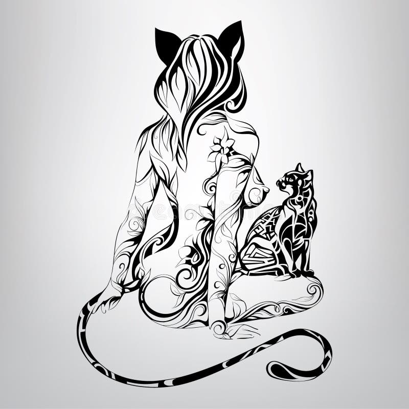 Dirigez la silhouette du chat de fille avec un chat noir dans l'ornement illustration libre de droits Dirigez la silhouette du chat de fille avec un chat noir dans l'ornement illustration libre de droits