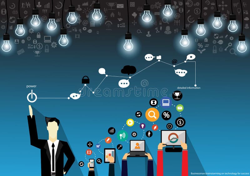 Dirigez la séance de réflexion d'homme d'affaires sur la technologie pour le succès avec le mobile, le comprimé, les ordinateurs illustration libre de droits Dirigez la séance de réflexion d'homme d'affaires sur la technologie pour le succès avec le mobile, le comprimé, les ordinateurs illustration libre de droits