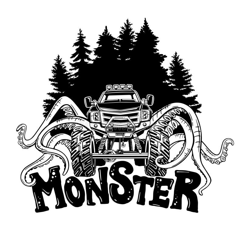 Dirigez le camion de monstre avec des tentacules du mollusque et du paysage de forêt Tatouage animal mystique de voiture Aventure illustration libre de droits Dirigez le camion de monstre avec des tentacules du mollusque et du paysage de forêt Tatouage animal mystique de voiture Aventure illustration libre de droits