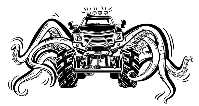 Dirigez le camion de monstre avec des tentacules du mollusque Tatouage animal mystique de voiture Aventure, voyage, dehors symbol illustration stock Dirigez le camion de monstre avec des tentacules du mollusque Tatouage animal mystique de voiture Aventure, voyage, dehors symbol illustration stock
