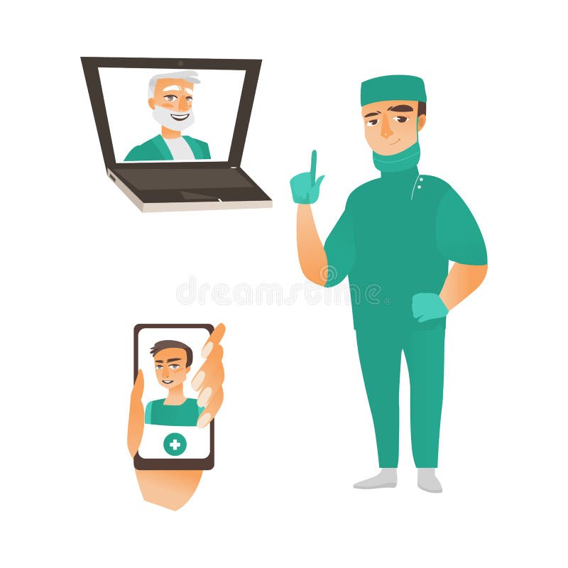 Dirigez le chirurgien dans les médecins uniformes dans l'ordinateur portable, téléphone illustration stock Dirigez le chirurgien dans les médecins uniformes dans l'ordinateur portable, téléphone illustration stock