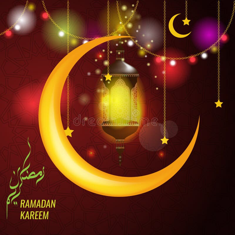 Dirigez le design de carte de salutation de kareem de Ramadan avec la lanterne ou les fanoos accrochants et la grande lune illustration de vecteur