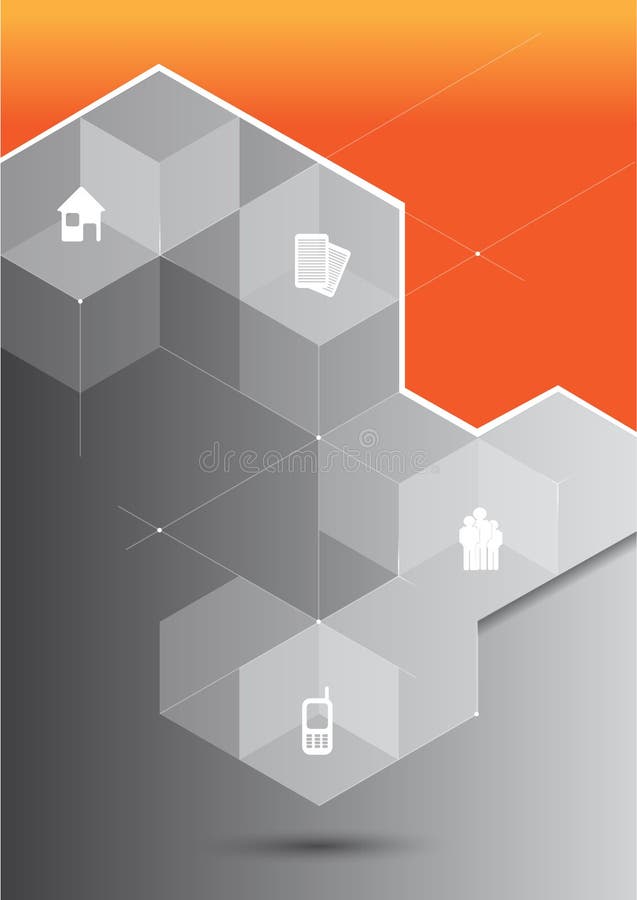 Vector abstract orange background with 3D gray cubes and corporate presentation icons and place for content. Can be used for brochures, posters, flyers and other printed materials. Vector abstract orange background with 3D gray cubes and corporate presentation icons and place for content. Can be used for brochures, posters, flyers and other printed materials.