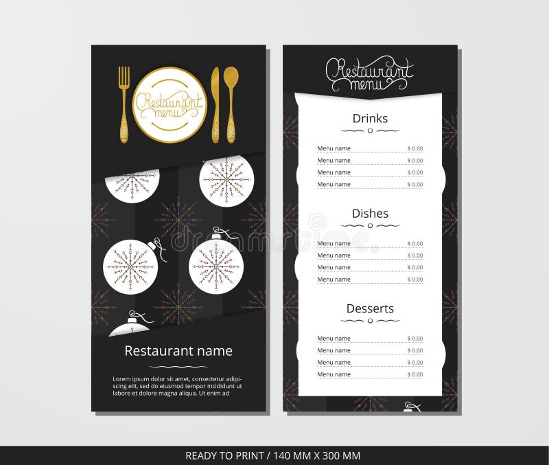 Dirigez le menu de restaurant de calibre avec la boule de couverts d'or et de Noël de modèle et le flocon de neige ornemental illustration stock Dirigez le menu de restaurant de calibre avec la boule de couverts d'or et de Noël de modèle et le flocon de neige ornemental illustration stock