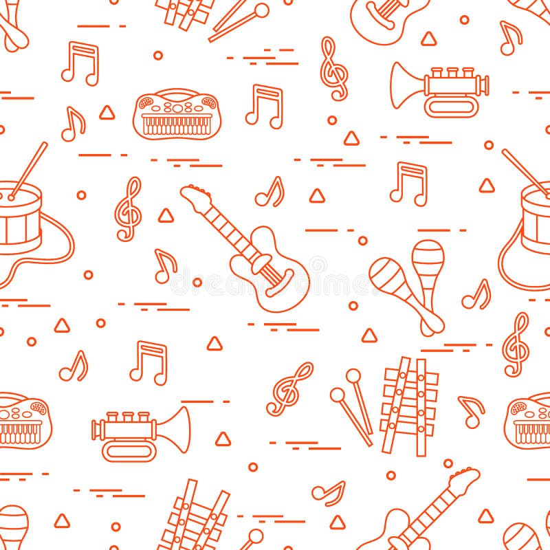Vector pattern of sheet music and different musical toys: guitar, drum, trumpet, xylophone, maracas and other. Design for postcard, banner, flyer, poster or print. Vector pattern of sheet music and different musical toys: guitar, drum, trumpet, xylophone, maracas and other. Design for postcard, banner, flyer, poster or print.