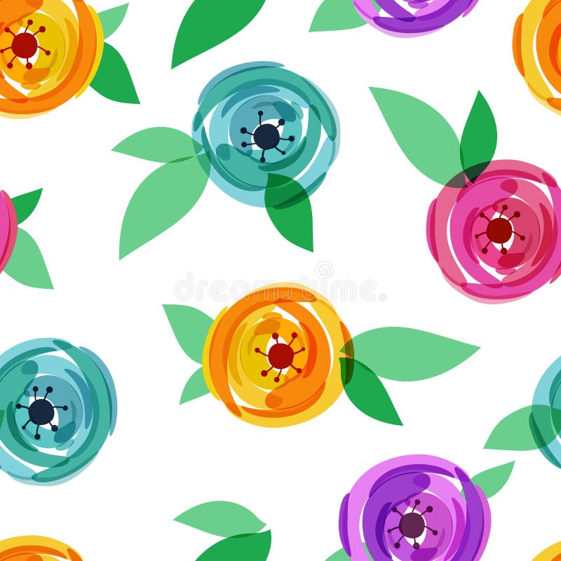 Vector seamless pattern with abstract multicolor rose flower and green leaves. Floral summer background illustration. Vector seamless pattern with abstract multicolor rose flower and green leaves. Floral summer background illustration.