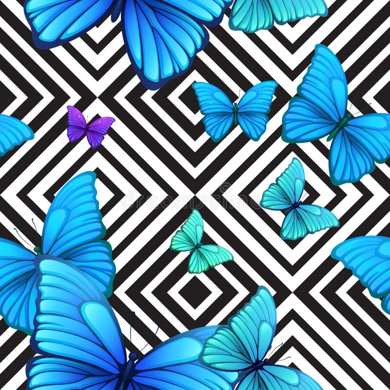 Dirigez le modèle sans couture avec le papillon bleu, noir. Dirigez le modèle sans couture avec le papillon bleu, le fond géométrique noir et blanc ENV 10