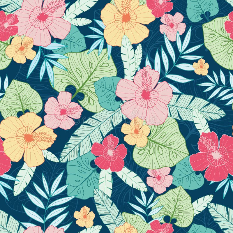 Dirigez le modèle sans couture hawaïen d'été tropical avec des plantes tropicales, des feuilles, et des fleurs de ketmie Grand po illustration stock