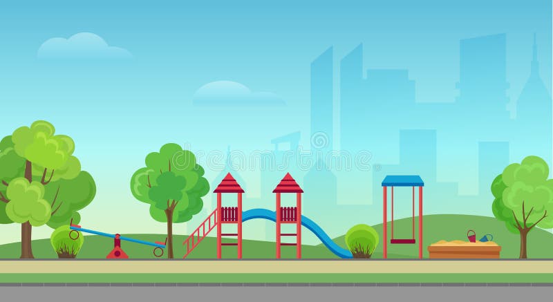 Dirigez le parc public de ville avec le terrain de jeu d'enfants sur le fond moderne de gratte-ciel de ville Parc vert au centre illustration de vecteur Dirigez le parc public de ville avec le terrain de jeu d'enfants sur le fond moderne de gratte-ciel de ville Parc vert au centre illustration de vecteur