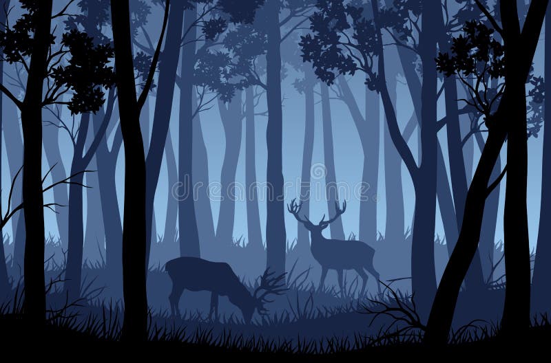 Dirigez le paysage de nuit avec les arbres et les silhouettes bleus de cerfs communs dans d illustration stock