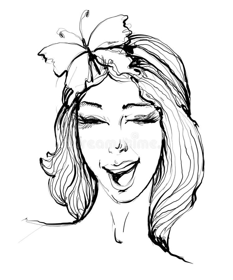 Dirigez le portrait tiré par la main du scintillement élégant de fille avec le sourire et le papillon sur des cheveux sur le fond illustration libre de droits Dirigez le portrait tiré par la main du scintillement élégant de fille avec le sourire et le papillon sur des cheveux sur le fond illustration libre de droits
