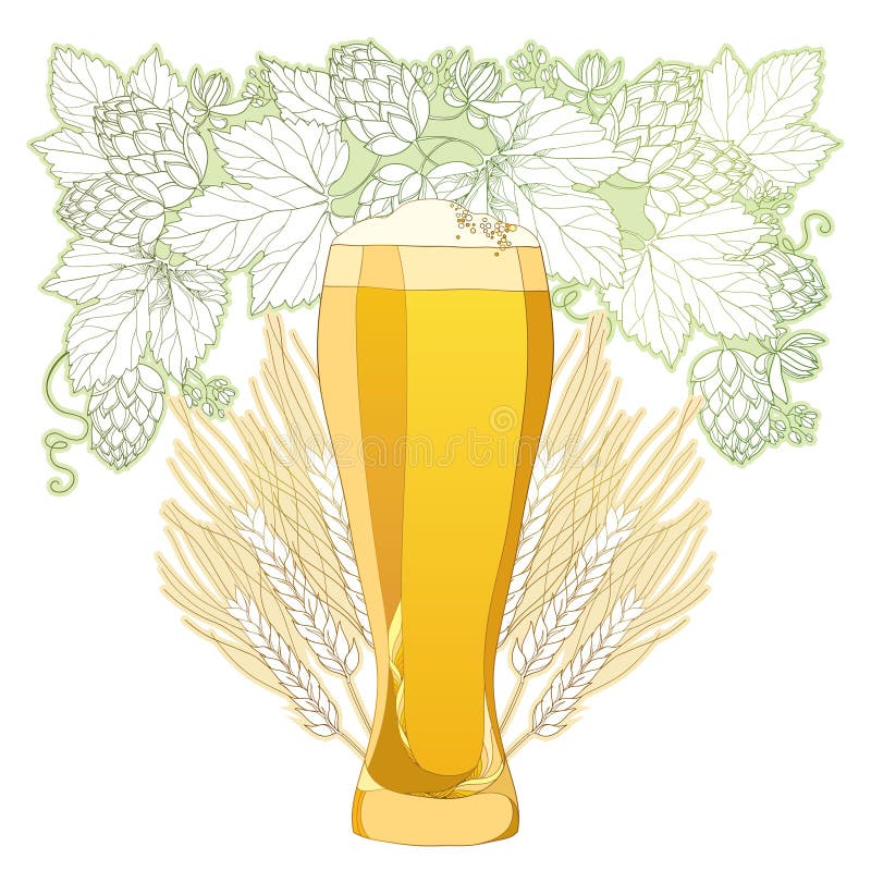 Dirigez le verre de bière de mousse avec la guirlande fleurie des houblon et des oreilles d'orge sur le blanc illustration de vecteur Dirigez le verre de bière de mousse avec la guirlande fleurie des houblon et des oreilles d'orge sur le blanc illustration de vecteur