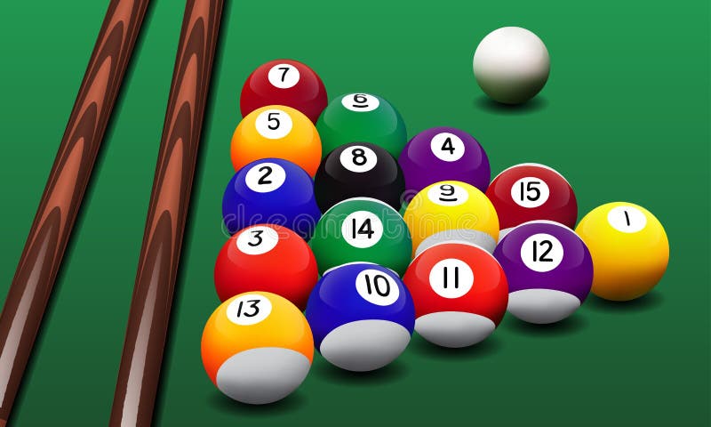Dirigez les boules et les queues de billard réalistes sur la table illustration libre de droits Dirigez les boules et les queues de billard réalistes sur la table illustration libre de droits