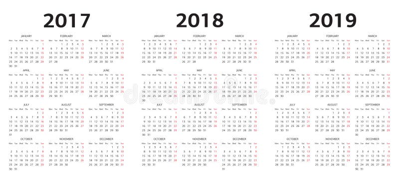 Dirigez les calibres de calendrier 2017, 2018, 2019 illustration stock Dirigez les calibres de calendrier 2017, 2018, 2019 illustration stock