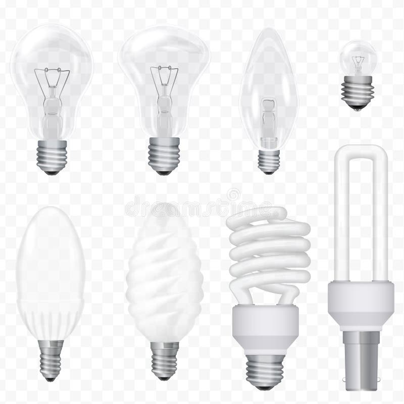 Dirigez les lampes économiseuses d'énergie réalistes d'ampoules d'isolement sur le fond Ensemble d'ampoule illustration stock Dirigez les lampes économiseuses d'énergie réalistes d'ampoules d'isolement sur le fond Ensemble d'ampoule illustration stock