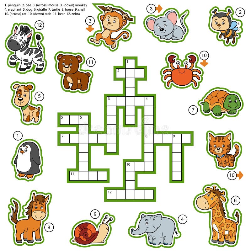 Dirigez les mots croisé de couleur, jeu d'éducation au sujet des animaux illustration libre de droits Dirigez les mots croisé de couleur, jeu d'éducation au sujet des animaux illustration libre de droits
