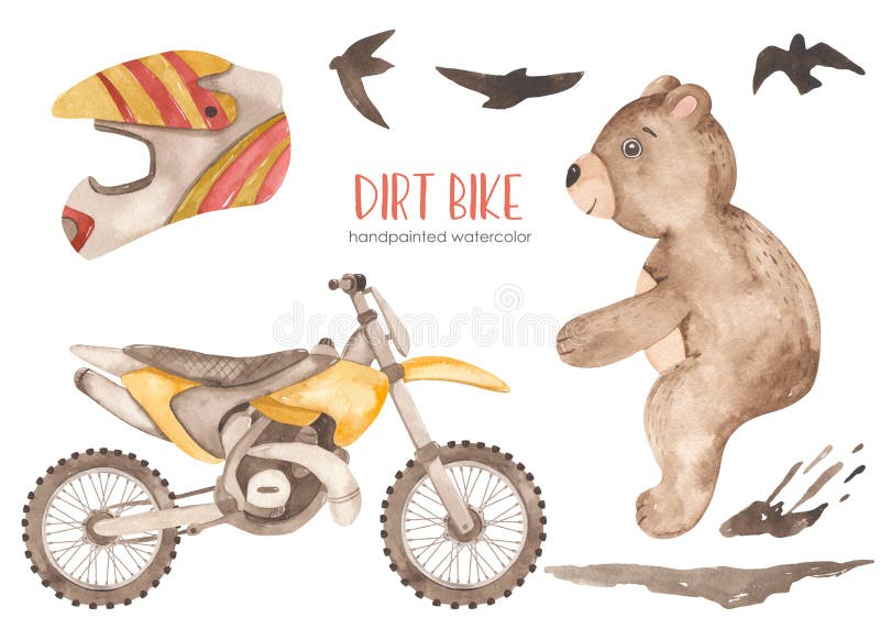 Watercolor set with dirt bike, bear racer, birds, dirt, helmet