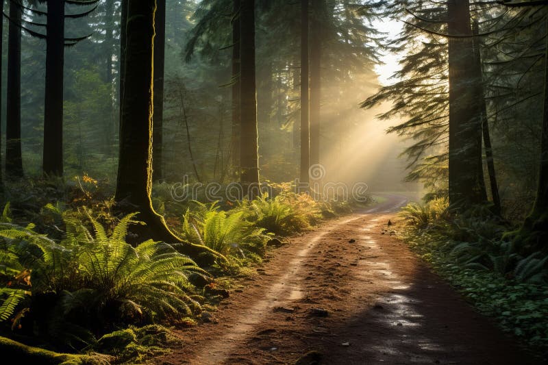 A dirt path through a forest with sunbeams shining through the trees stock illustration