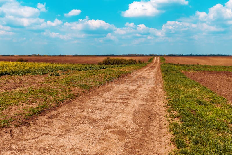Dirt road through plain countryside stock photo