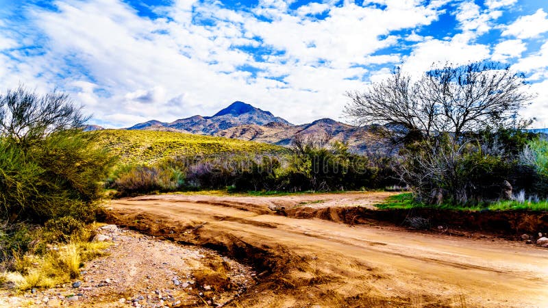 Dirt road to Sycamore Creek in the McDowell Mountain Range in Northern Arizona stock images Dirt road to Sycamore Creek in the McDowell Mountain Range in Northern Arizona stock images