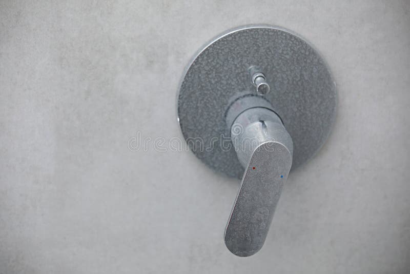Dirty calcified shower mixer tap, faucet with limescale on it, plaque from water, Chrome-plated shower, close up photo royalty free stock photos